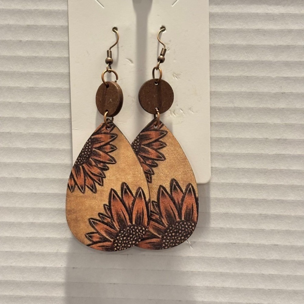 Sunflower wood dangle earrings‎ Boho Lightweight